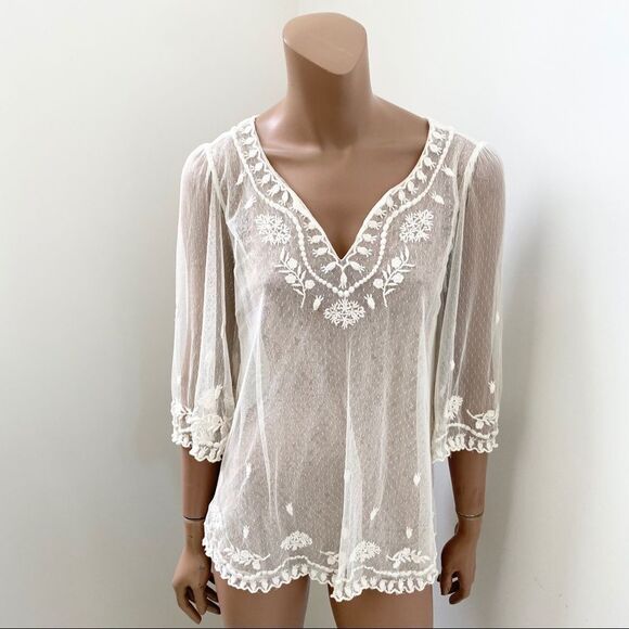 SUNDANCE ivory embroidered mesh sheer top XS - Picture 3 of 8